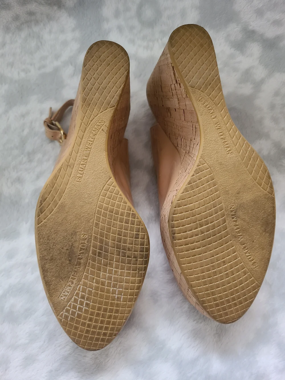 Stuart Weitzman Nude Patent Peep-Toe Cork Wedge Slingback Heels Size 8 - Picture 12 of 12